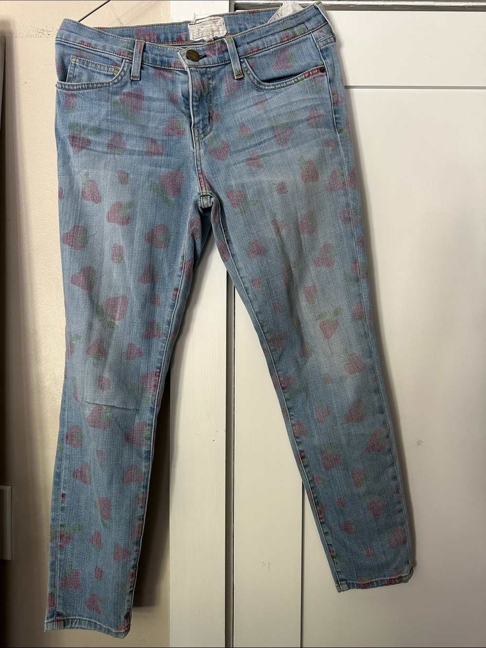 Women’s Light Wash Strawberry Print Jeans - faded strawberries